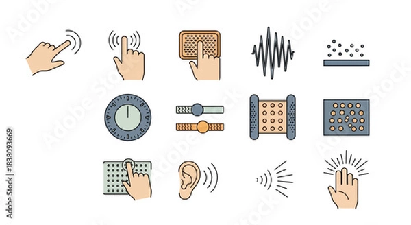 Obraz Diverse icons representing touch, sound, and control elements for technology.