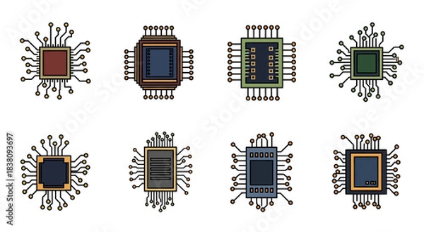 Obraz Microchip Collection - Detailed Vector Illustrations of Computer Processors.