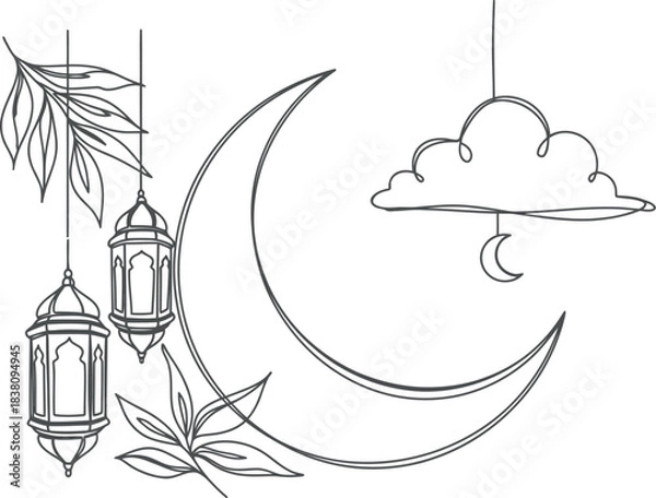 Obraz Islamic crescent moon and lanterns with cloud and stars illustration