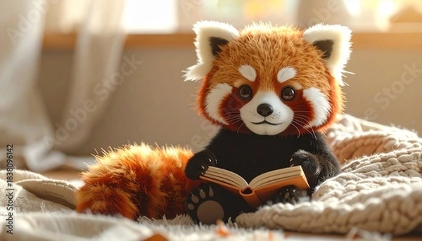 Fototapeta 読書を楽しむレッサーパンダのマスコット