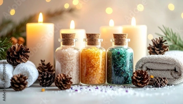 Fototapeta カラフルなアロマバスソルトとキャンドルの灯り