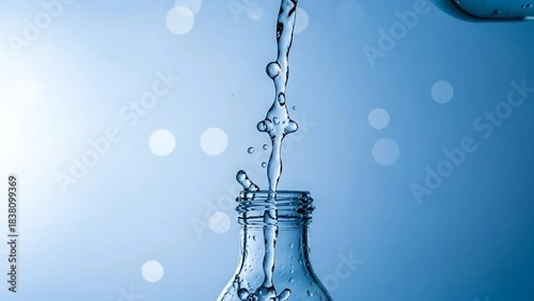 Obraz Water stream and droplets captured in high detail, pouring from a large vessel into a smaller one, with blue bokeh