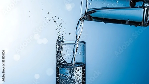 Obraz Glass carafe pouring clean, fresh water into a small bottle, conveying themes of bottling and liquid clarity