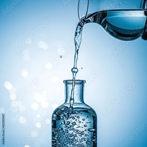 Obraz A clean, high-speed shot of liquid filling a bottle from a beaker, highlighting purity and a blue color palette