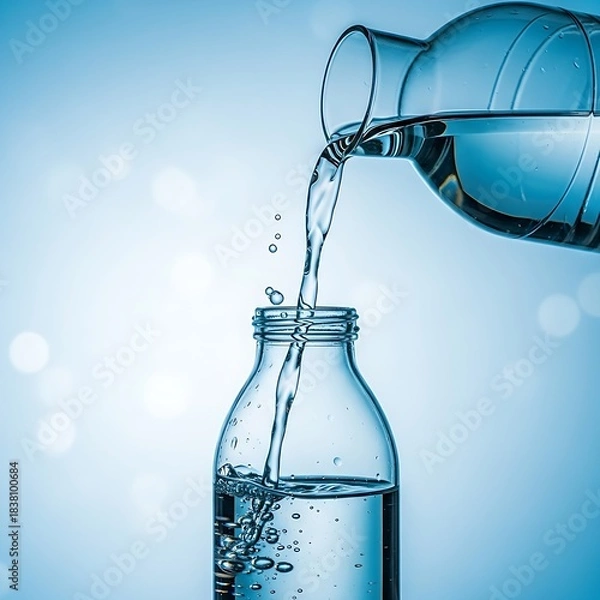Obraz Dynamic close-up of pure water pouring between two glass vessels, symbolizing hydration and scientific testing.