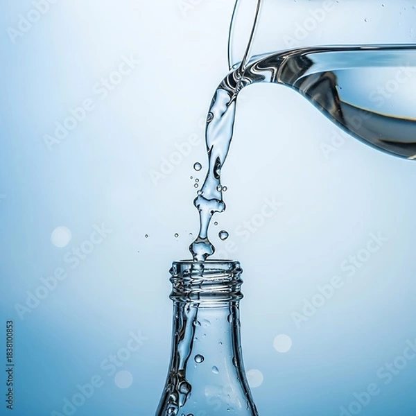 Obraz Clear, pristine water being poured from a glass carafe into a bottle, set against a bright blue bokeh background