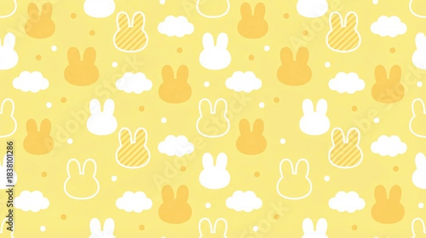 Obraz 黄色の可愛いウサギのシルエットと雲のパターン背景