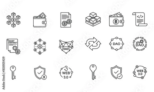 Fototapeta Blockchain, cryptocurrency & web3 line icons: smart contract, dao, wallet, security