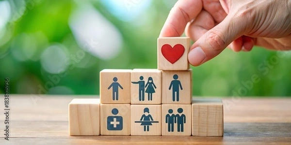 Fototapeta Hand placing a red heart block on wooden cubes with family and health icons