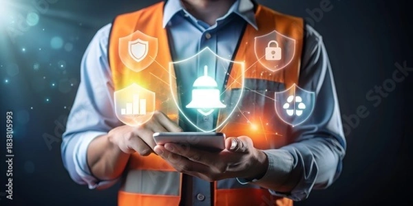 Fototapeta Safety manager uses phone for digital security, incident alerts, and risk control.
