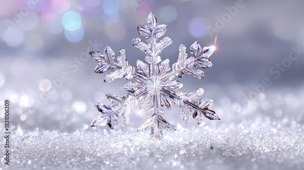 Obraz Intricate snowflake resting on a bed of sparkling snow, illuminated by soft light, creating a magical winter atmosphere with shimmering bokeh in the background