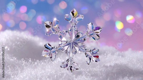 Obraz Crystal snowflake ornament resting on soft snow, sparkling in the light, with a dreamy bokeh background creating a magical winter atmosphere for seasonal decor