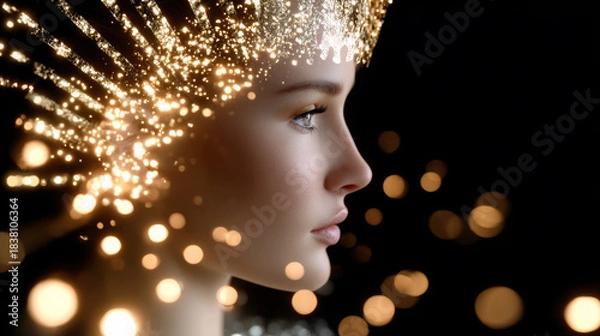Obraz Profile of a woman with glowing golden light effects, surrounded by sparkling bokeh, creating an ethereal atmosphere, symbolizing creativity and inspiration in a dreamlike setting