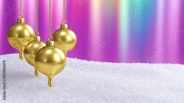 Obraz Golden Christmas ornaments hanging above a sparkling white surface, set against a vibrant pink and blue gradient background, creating a festive and cheerful atmosphere for holiday celebrations