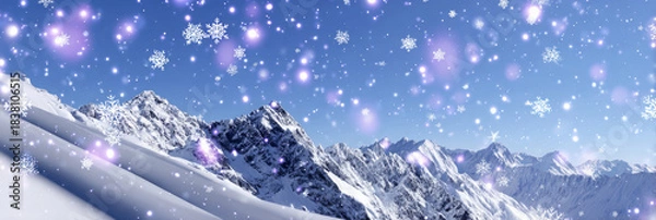 Obraz Snowy mountain landscape under a clear blue sky, adorned with falling snowflakes and a magical atmosphere, creating a serene winter wonderland scene for seasonal inspiration