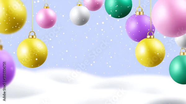 Obraz Colorful Christmas ornaments in various shapes and sizes hang against a soft blue background with falling snowflakes, creating a festive winter atmosphere with copy space