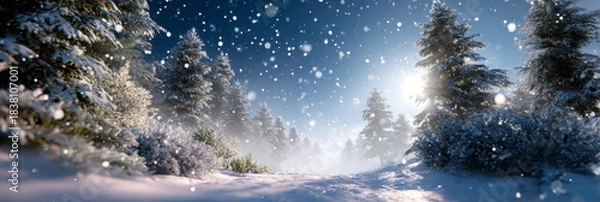Obraz Snow-covered forest landscape with tall evergreen trees, soft sunlight filtering through branches, creating a serene winter atmosphere with falling snowflakes and a peaceful ambiance