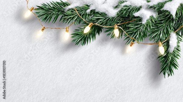 Obraz Evergreen branches adorned with snow and warm fairy lights create a festive atmosphere, perfect for holiday celebrations and seasonal decorations with copy space