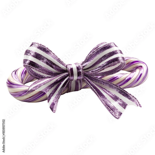 Fototapeta Festive purple and white striped candy cane tied with a shimmering metallic bow on black on transparent background