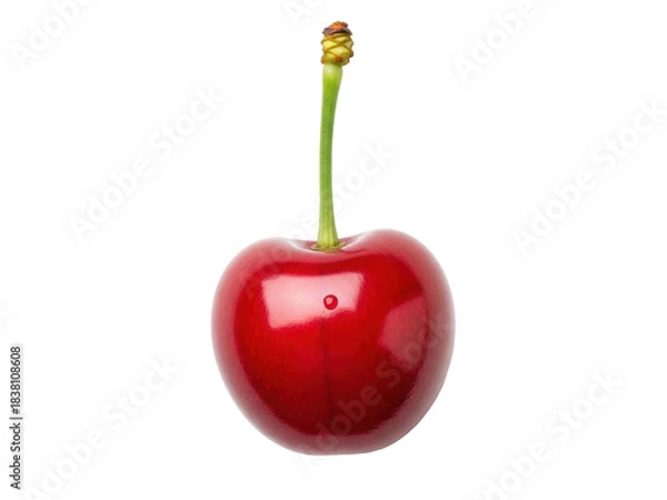 Fototapeta Isolated shiny cherry fruit on a simple stem with a few dried leaves at the end of the stem