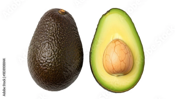 Fototapeta Isolated ripe avocado cut open with seed next to whole fruit on seamless background