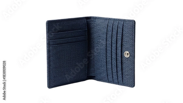 Fototapeta Isolated blue leather card holder with multiple slots for cards, open on a plain backdrop