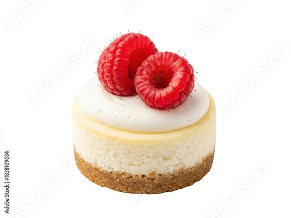 Fototapeta Isolated round cheesecake with cream cheese frosting and fresh red raspberries, dessert food