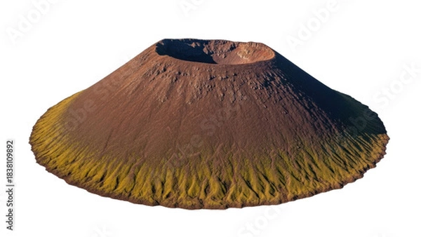 Fototapeta Isolated geological formation volcanic cone with caldera, aerial view, brown and green