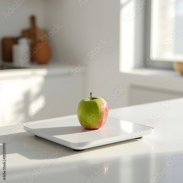 Obraz Fresh green apple on a digital kitchen scale