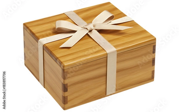 Obraz Golden paper gift box with ribbon isolated on white, a closed Christmas present package