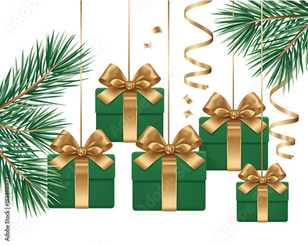 Obraz Green pine Christmas tree with red and gold ornaments, gift boxes, and celebration bows