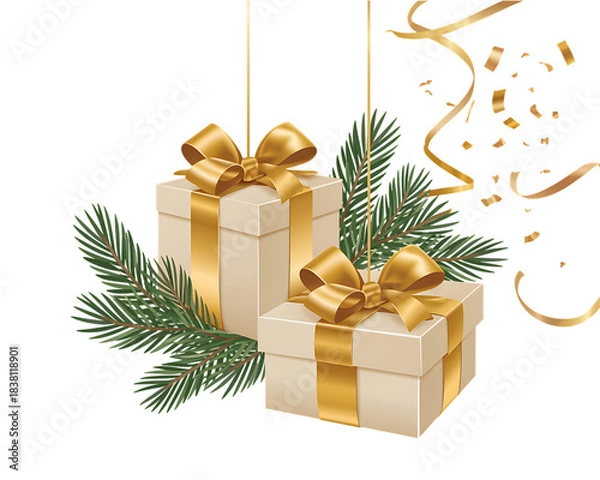 Obraz A festive Christmas tree with wrapped holiday gift boxes and ribbon decorations