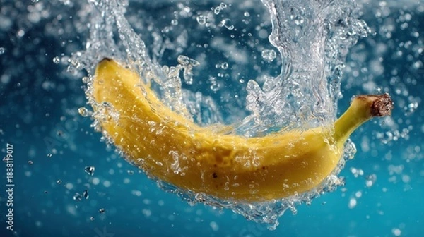 Fototapeta Banana and water, splashes, dynamic movement, blue background.