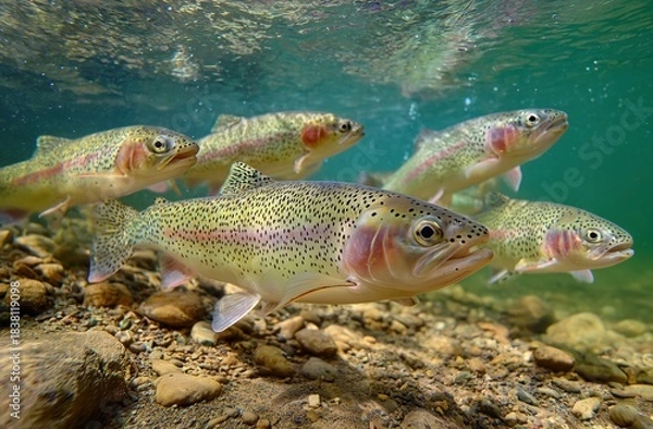 Fototapeta Photo of a group or school of rainbow trout swimming underwater in clear water, with rocks visible at the bottom.