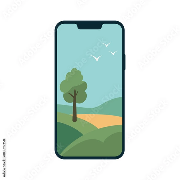 Obraz Smartphone Screen with Abstract Hills, Tree and Birds