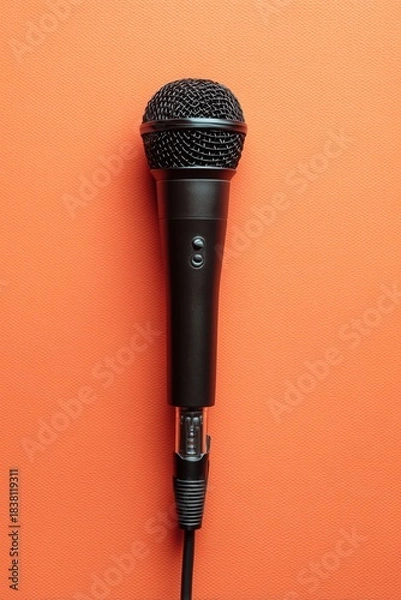Fototapeta Photo of a black microphone with a long cable, top view, red background.