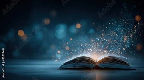 Fototapeta An open book with pages turning into digital circuit patterns, representing the integration of technology and knowledge in education.