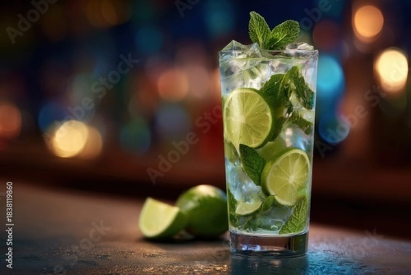 Fototapeta Modern mojito cocktail with lime and mint in a tall glass on a bar counter.