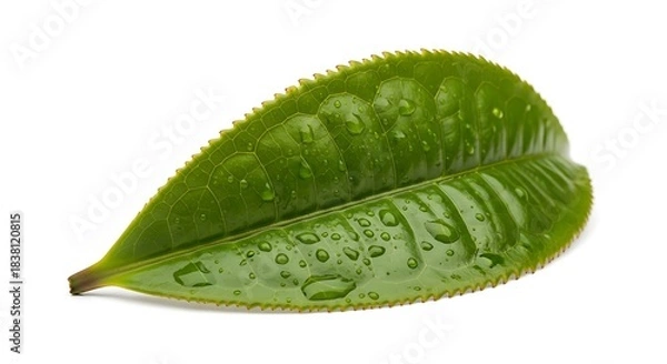 Fototapeta Fresh Green Tea Leaf with Water Droplets Isolated