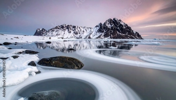 Obraz Snow capped mountains reflect in tranquil partially frozen water with swirling ice patterns A colorful sky frames the