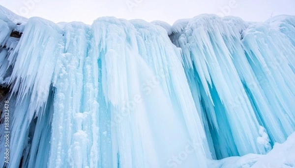 Obraz Vast natural formation of vibrant blue and white icicles hanging from a steep cliff face in winter