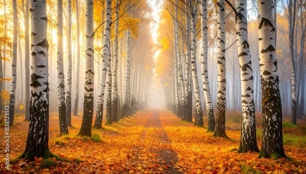 Obraz Autumn birch forest avenue with vibrant golden foliage and a leaf covered path Sunlight pierces through the morning mist