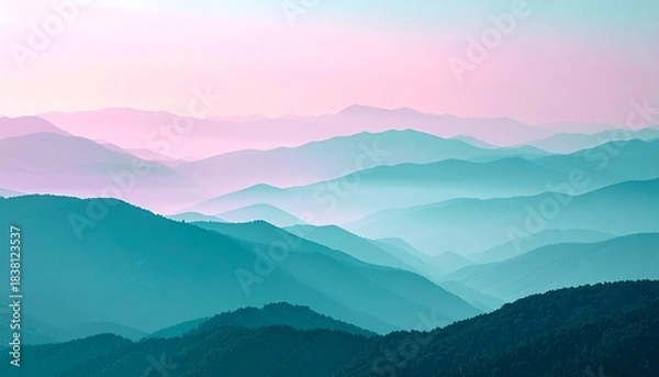 Obraz Numerous layered mountain ranges recede into the distance under a pastel pink and blue sky displaying atmospheric haze