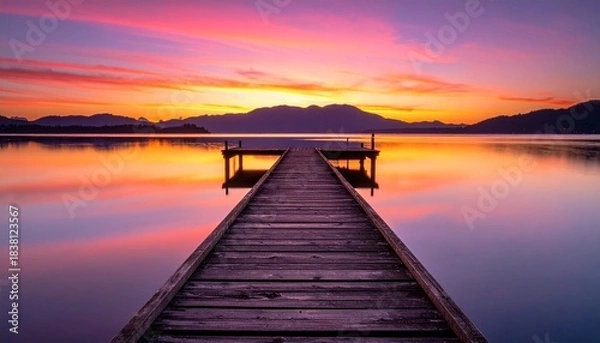 Obraz Wooden pier extends into calm water with a vibrant sunset sky Orange pink and purple hues glow on the lake Distant