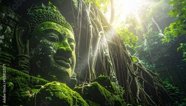 Obraz Ancient moss covered Buddha statue in lush overgrown jungle with sun rays
