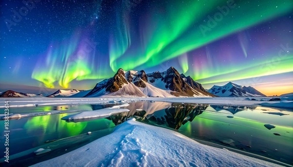 Obraz Vivid Aurora Borealis illuminates snowy mountains and reflective icy lake under starry night sky