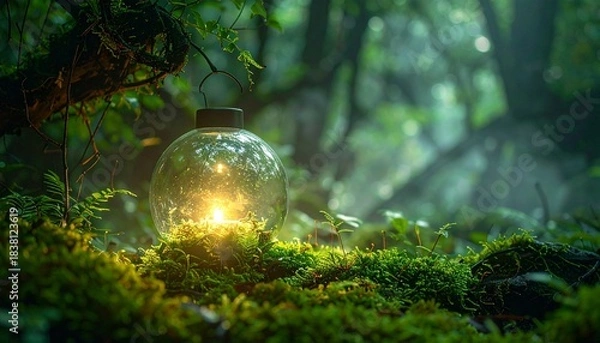 Obraz A glowing orb lantern rests on mossy ground in a lush misty forest Light