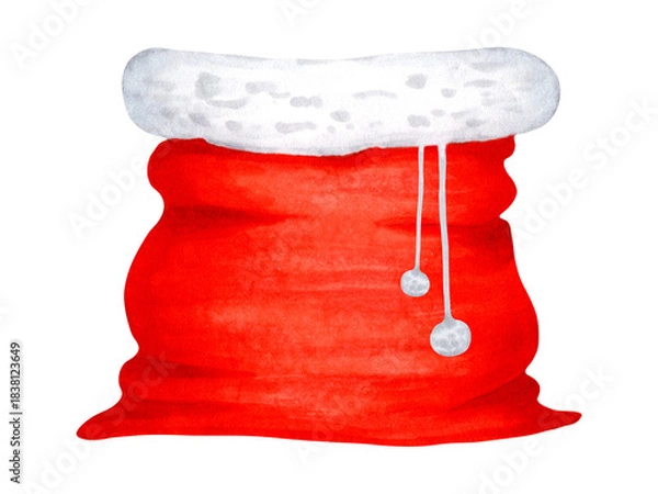 Fototapeta Santas red sack with a fluffy white trim on top. Watercolor and marker illustration. Hand drawn isolated art. A classic New Year image associated with gifts, Christmas and the winter holidays