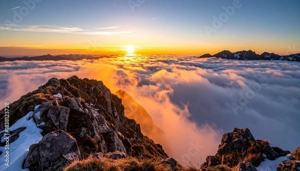 Obraz Majestic mountain peaks at sunset above a sea of clouds with rocky terrain and snow