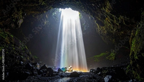 Obraz Sunlit waterfall inside a mossy cave casting rainbow hues on wet rocks